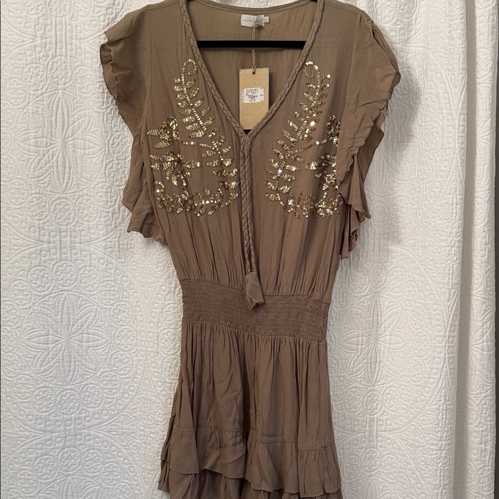 Embellished Brown Ruffle Sleeve Dress